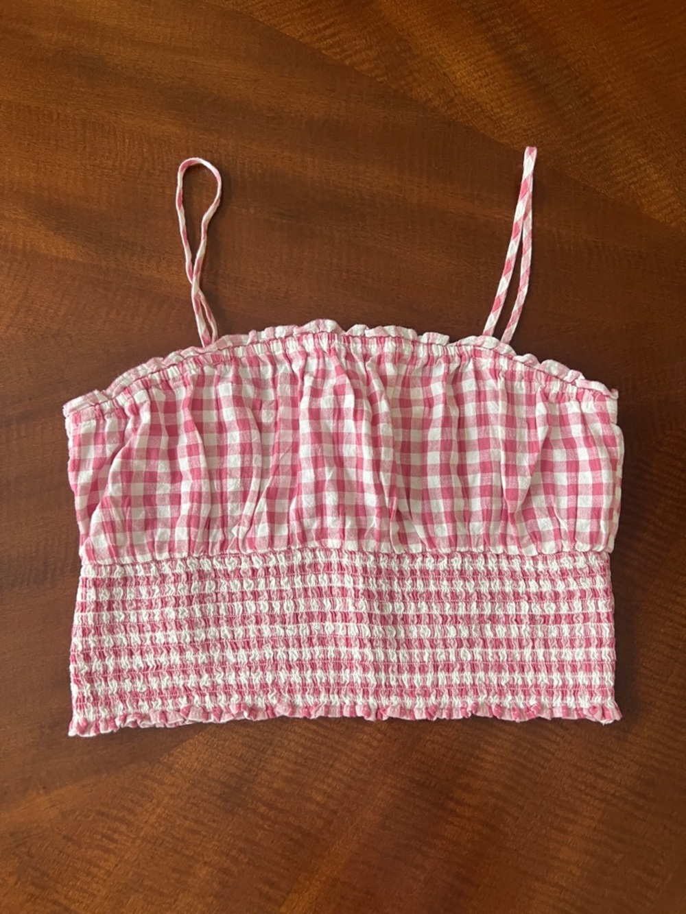 American Eagle Outfitters Pink and White Gingham Smocked Cami